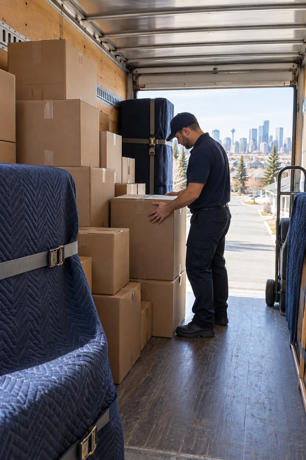 Illustration of boxes and furniture protected by moving blankets inside a truck